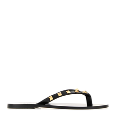 Black Leather Rockstud Thong Slippers