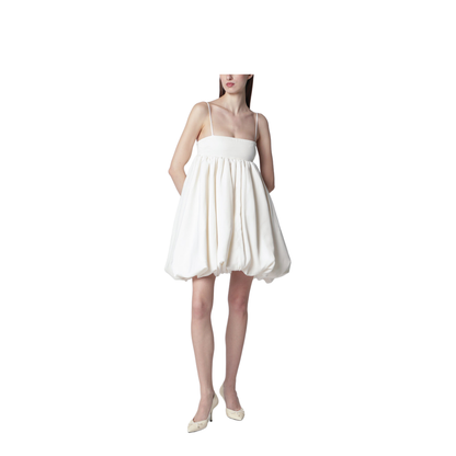 Strapless Balloon Mini Dress in Satin, Egret