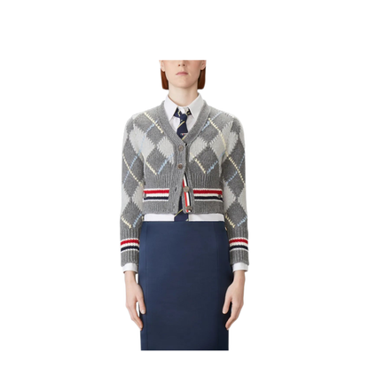 MAYFEYR - Thom Browne - Argyle Jersey Intarsia Shrunken V Neck Cardigan In Chunky Merino Wool W/ Rwb Stripe - FKC679AY1029982