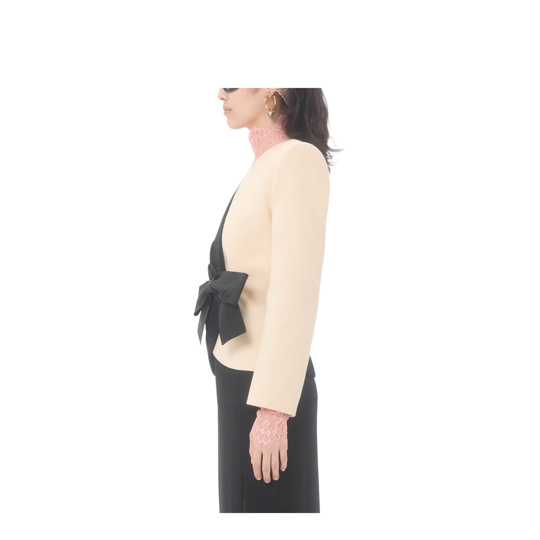 Color Block Bow Wool Chiffon Coat