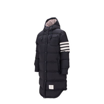 MAYFEYR - Thom Browne - Downfilled Below Knee Hooded Shirtdress With 4 Bar In Shiny Ripstop - FOD105XF1095415