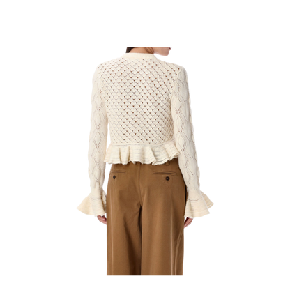 Ruffled Logo Cardigan in Silk, Alpaca & Cotton Knit