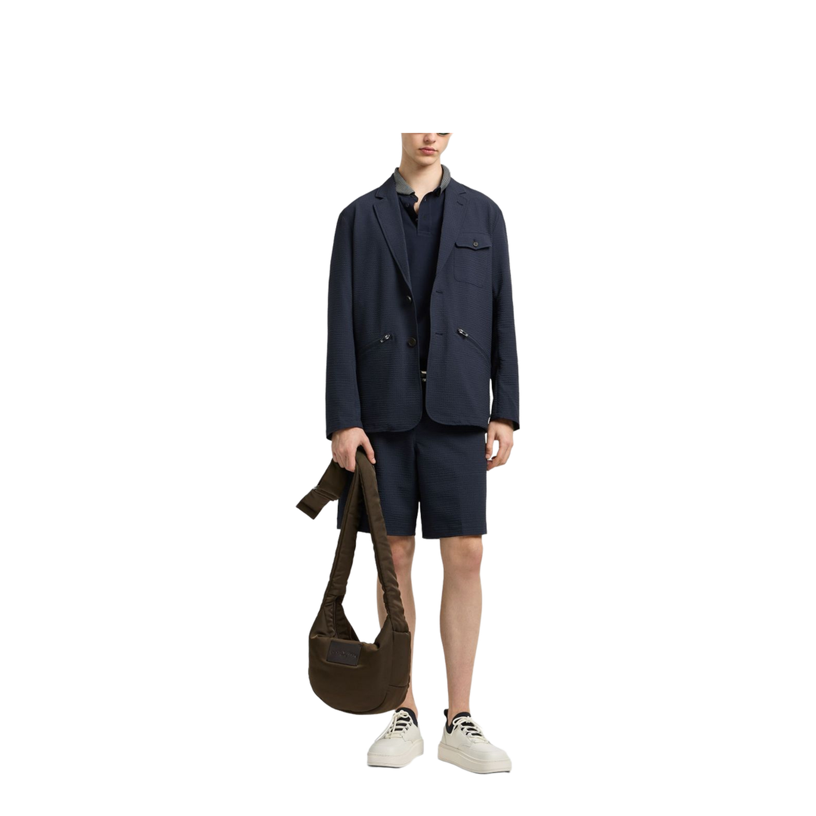 Navy Blue Textured Weave Two Button Jacket