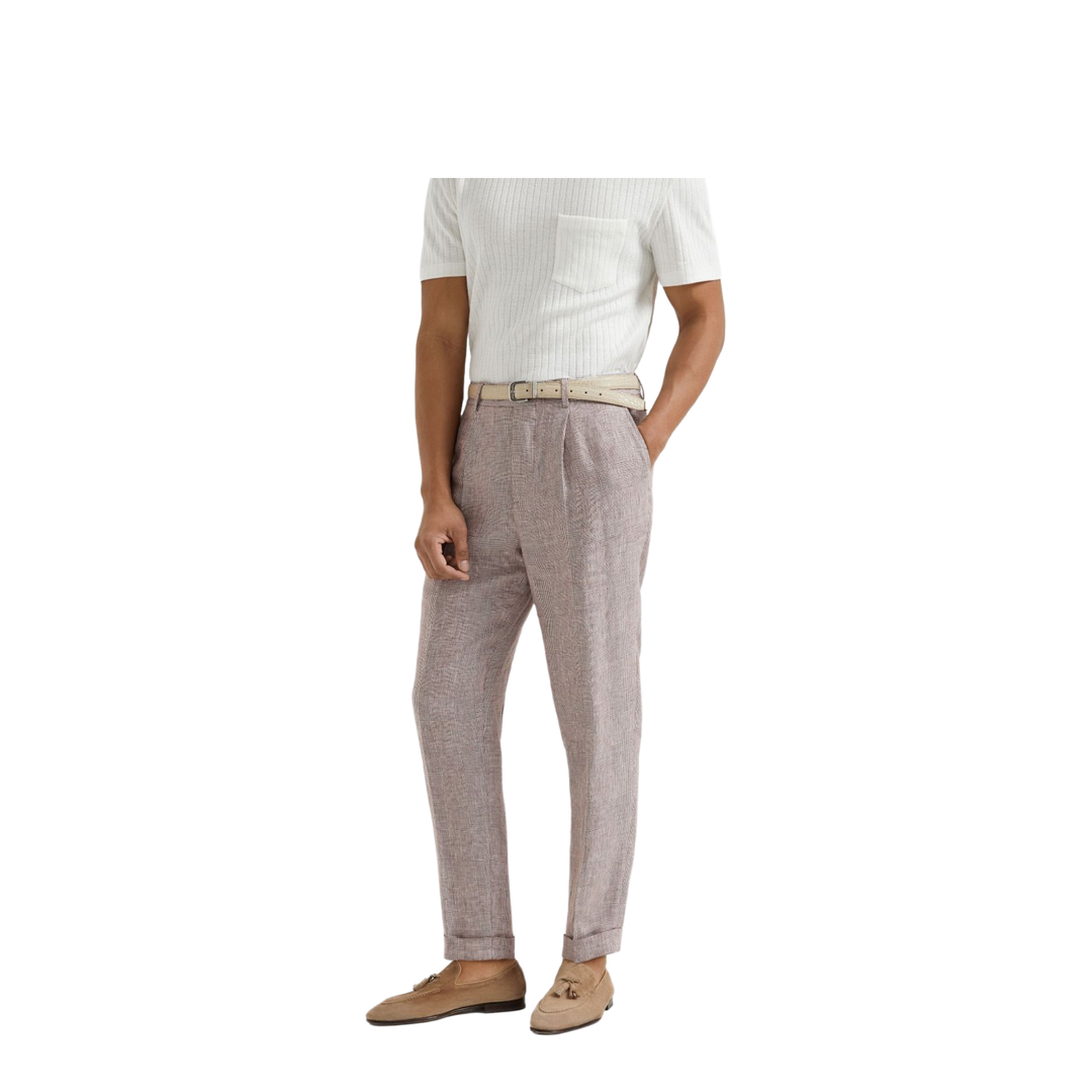 Linen Prince of Wales Leisure Fit Trousers with Pleat