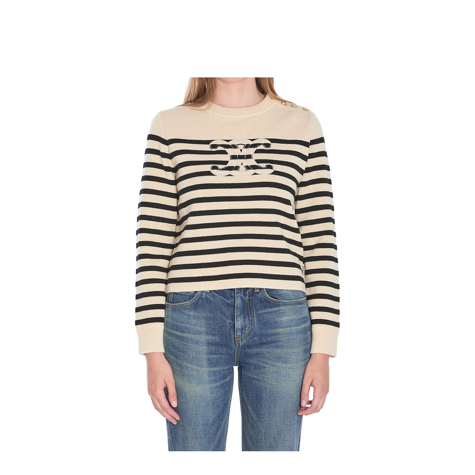 Crew Neck Sweater in Wool Cashmere - Ecru/Black