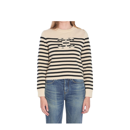 Crew Neck Sweater in Wool Cashmere - Ecru/Black