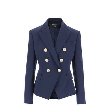 Double-Breasted Jacket in Blue Grain de Poudre Wool