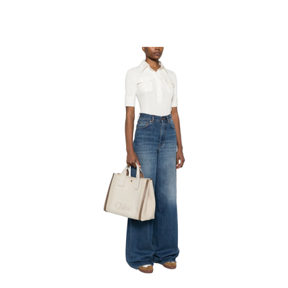 Chloé 'carry large' beige handbag with logo print on ...