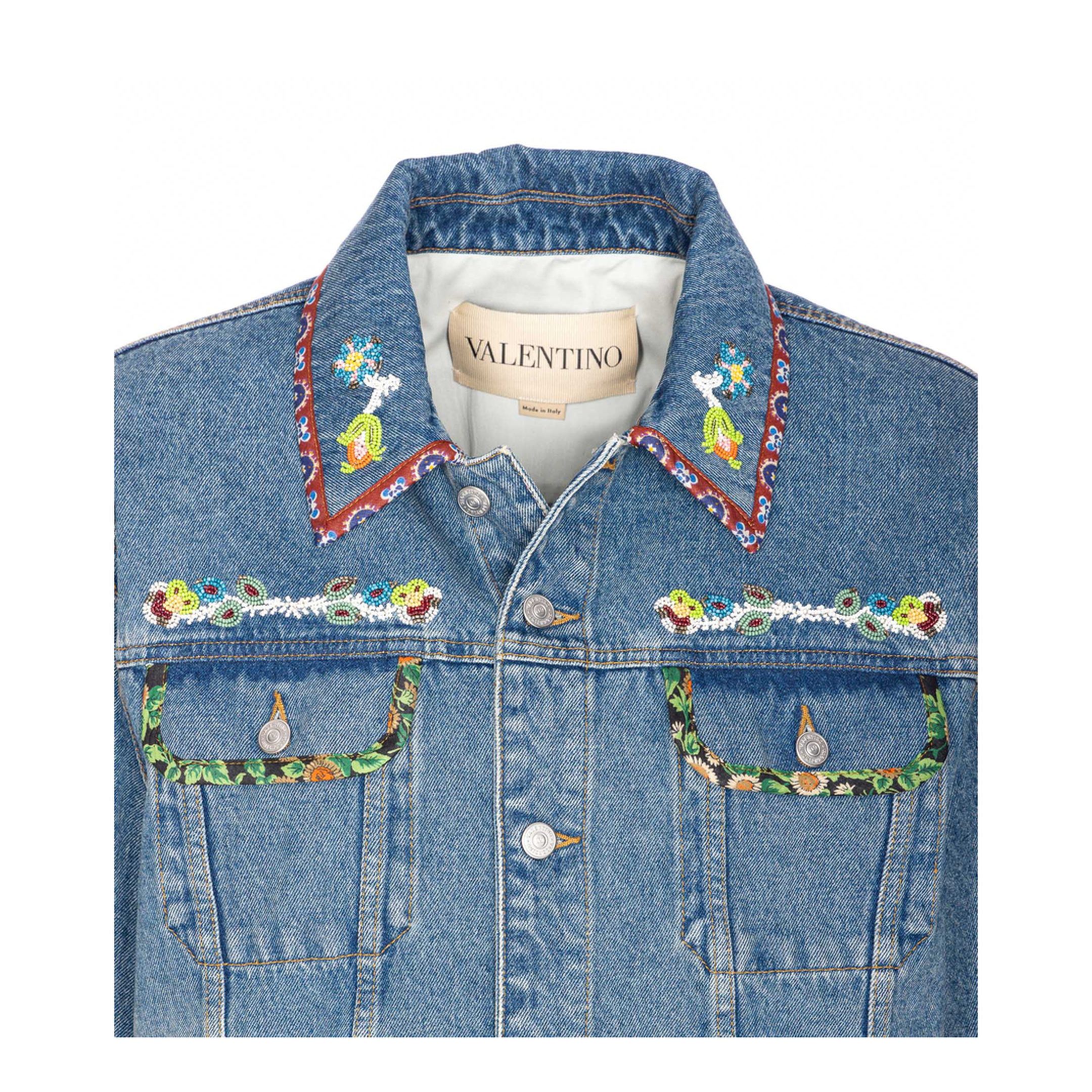 Beaded Embroidery Printed Edges Denim Jacket