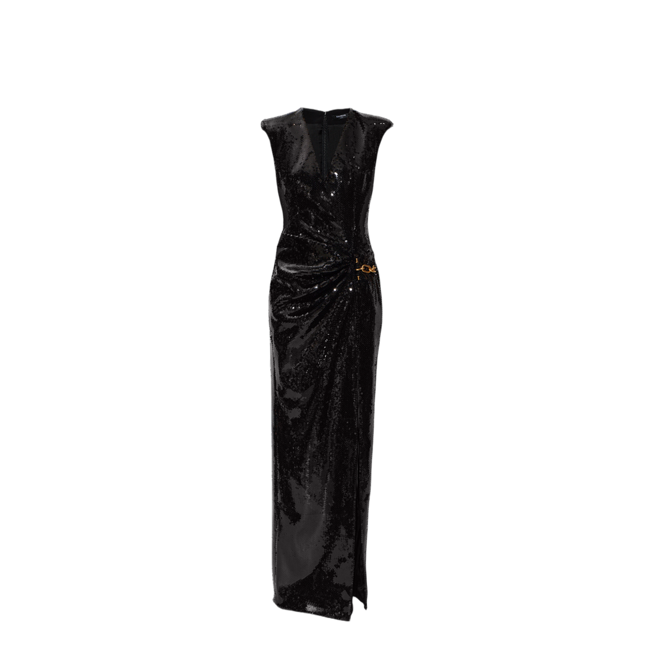 Long Draped Sequin Dress with Embellished Detail