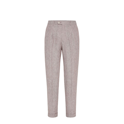 Linen Prince of Wales Leisure Fit Trousers with Pleat