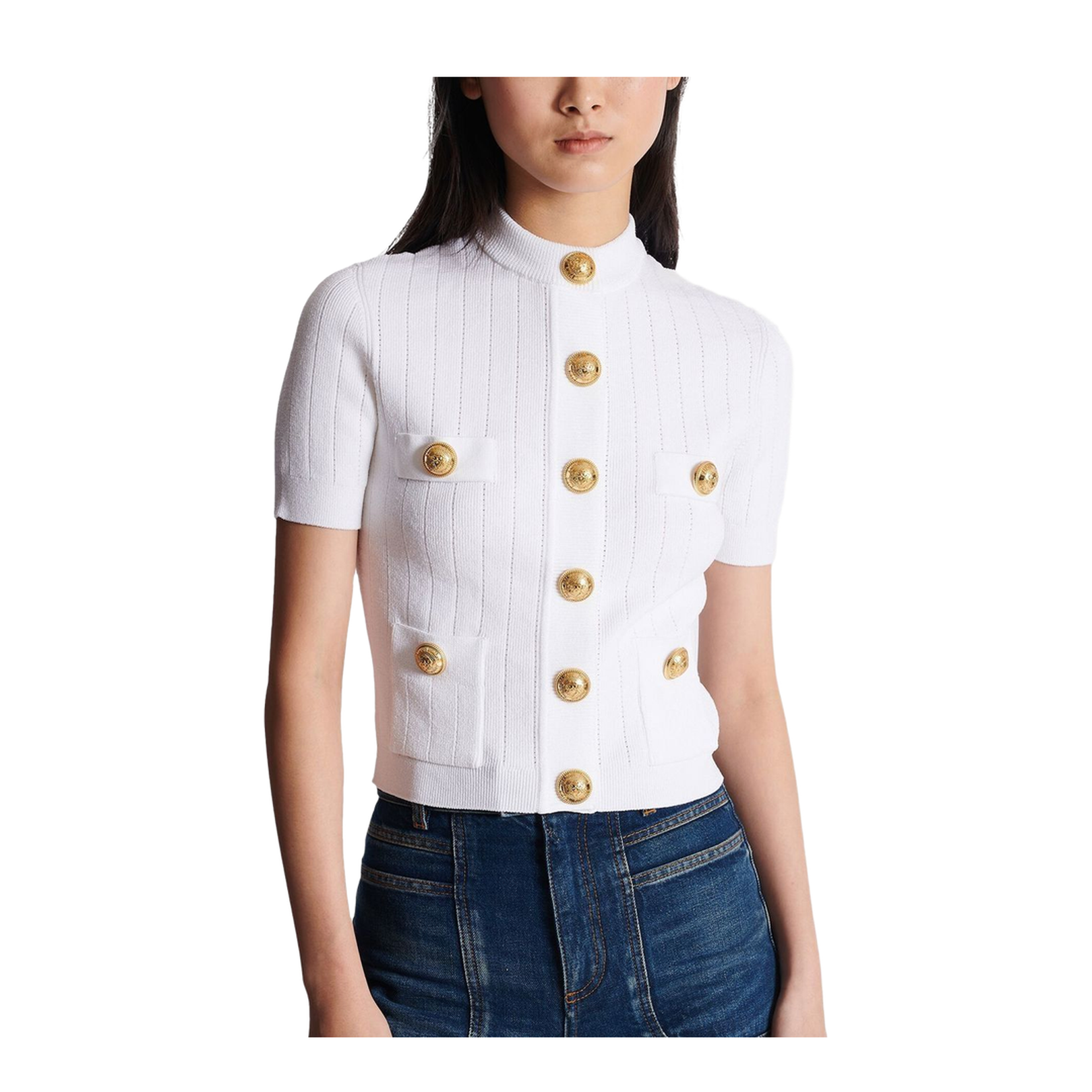 Pointelle Knit Sweater with Gold-tone Buttons