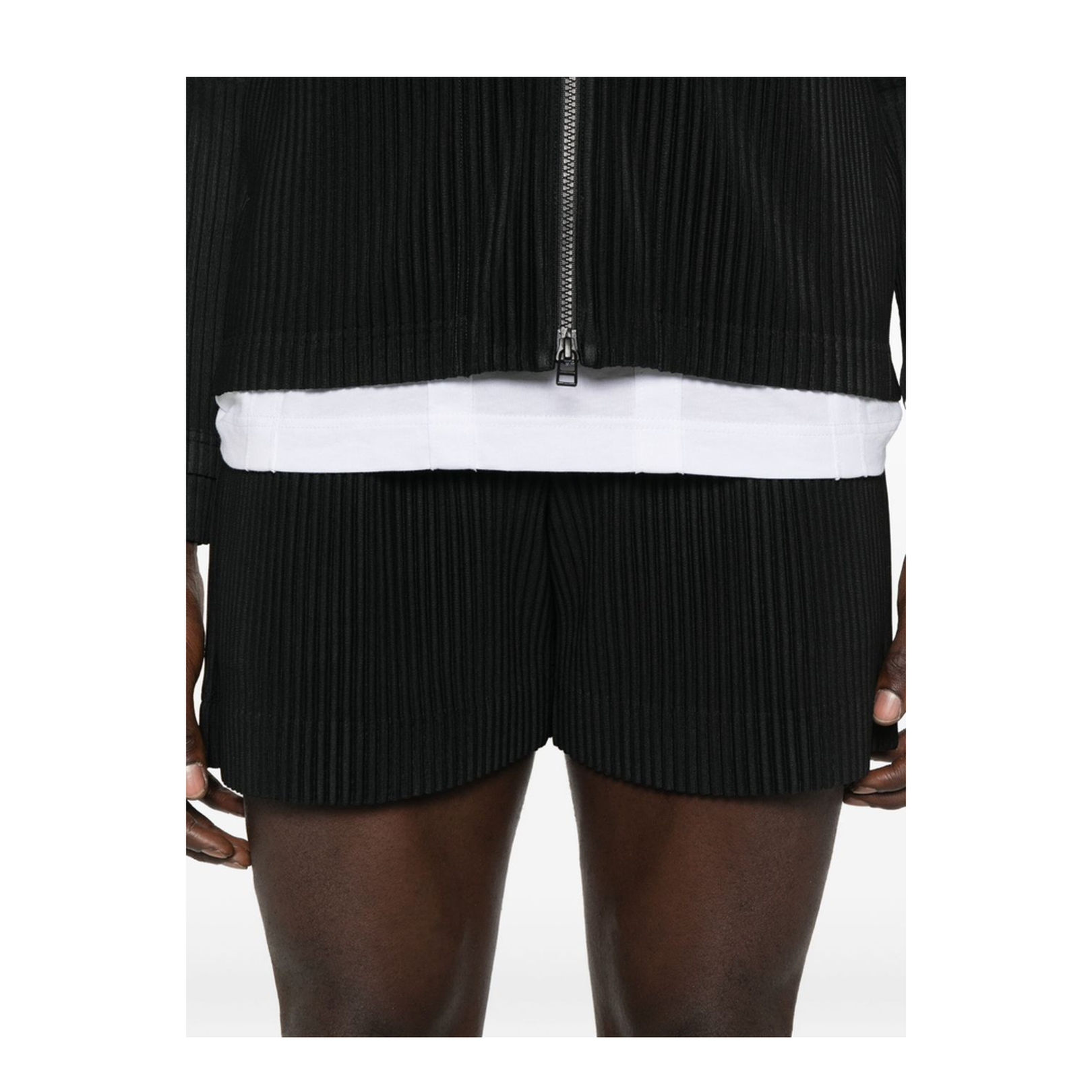 Black Plisse Fabric Pull-On Pants