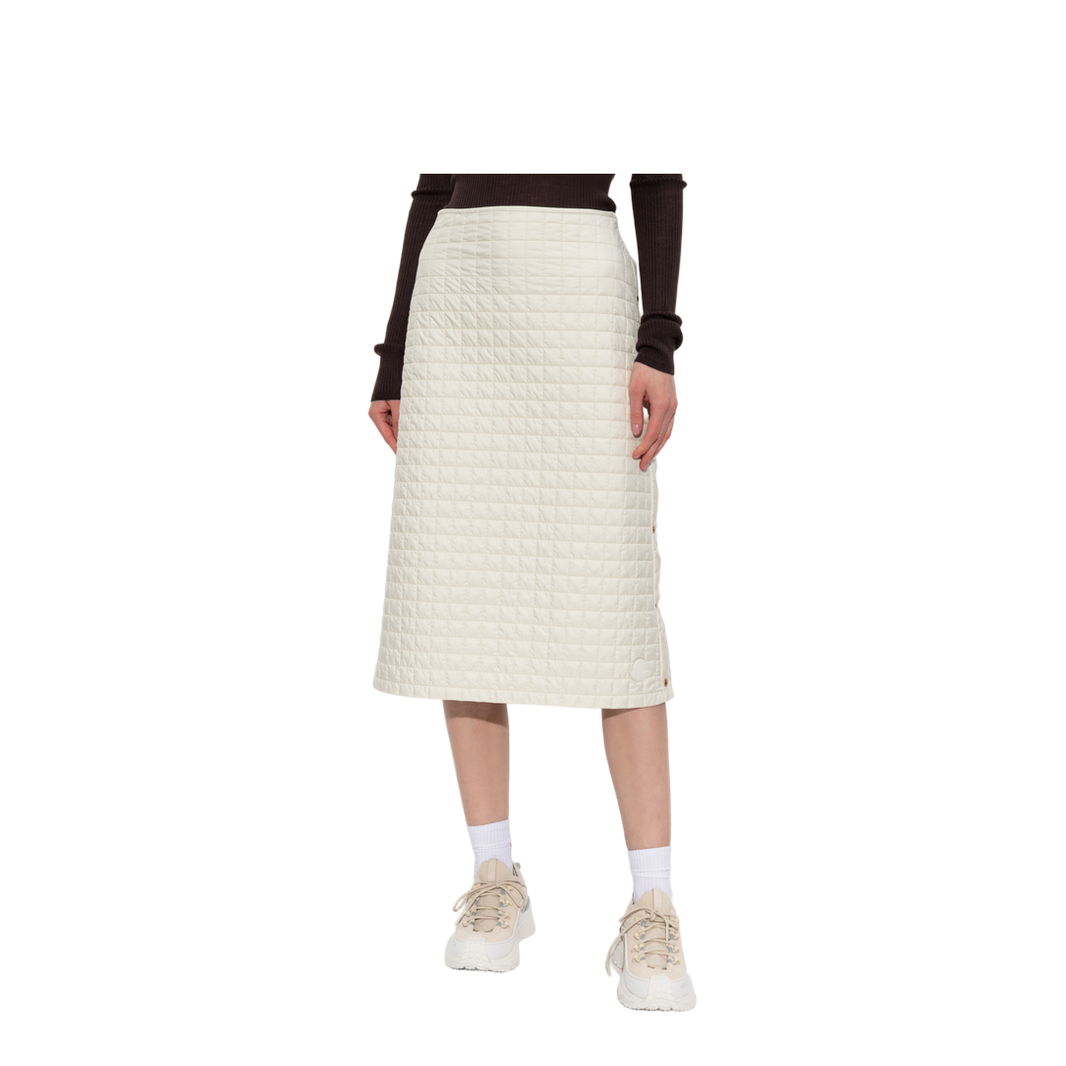 Light Beige Square-Quilted Padded Midi Skirt