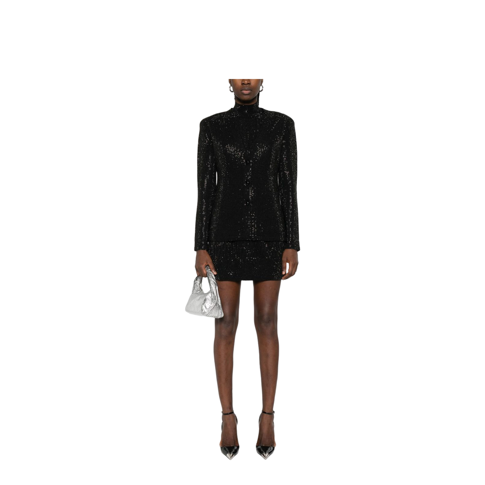 Virgin Wool-Blend Plain-Knit Cardigan with All-Over Rhinestones