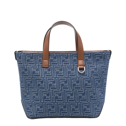 FF Leather Denim Effect FF Jacquard Blue And Brown Small Shopping Bag