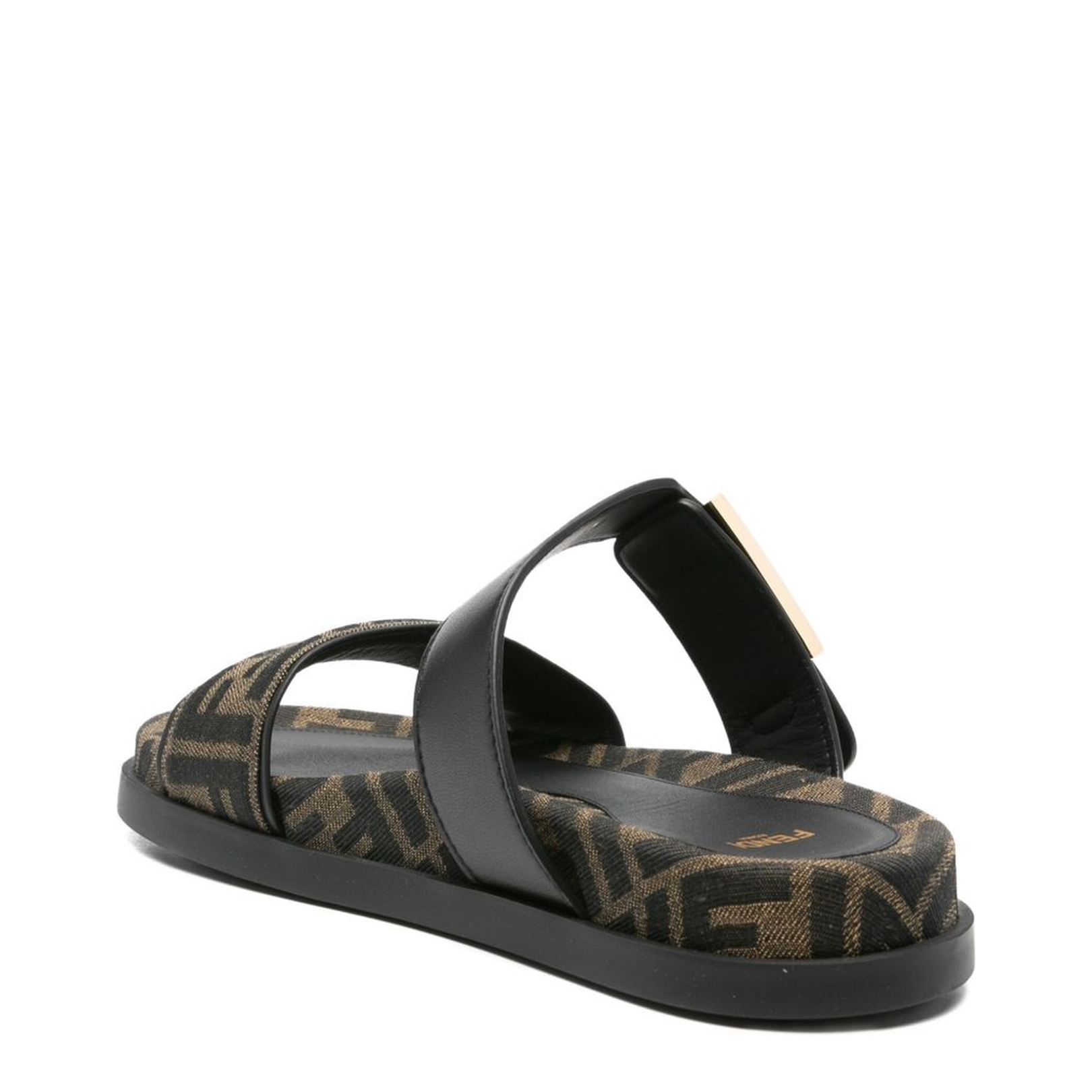 Black FF-Logo Pattern Double Strap Design Buckle Detail Flat Sole Leather Trim