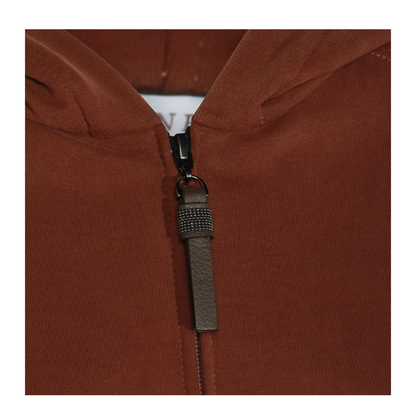 Hooded Smooth Cotton Sweatshirt With Shiny Zipper Pull