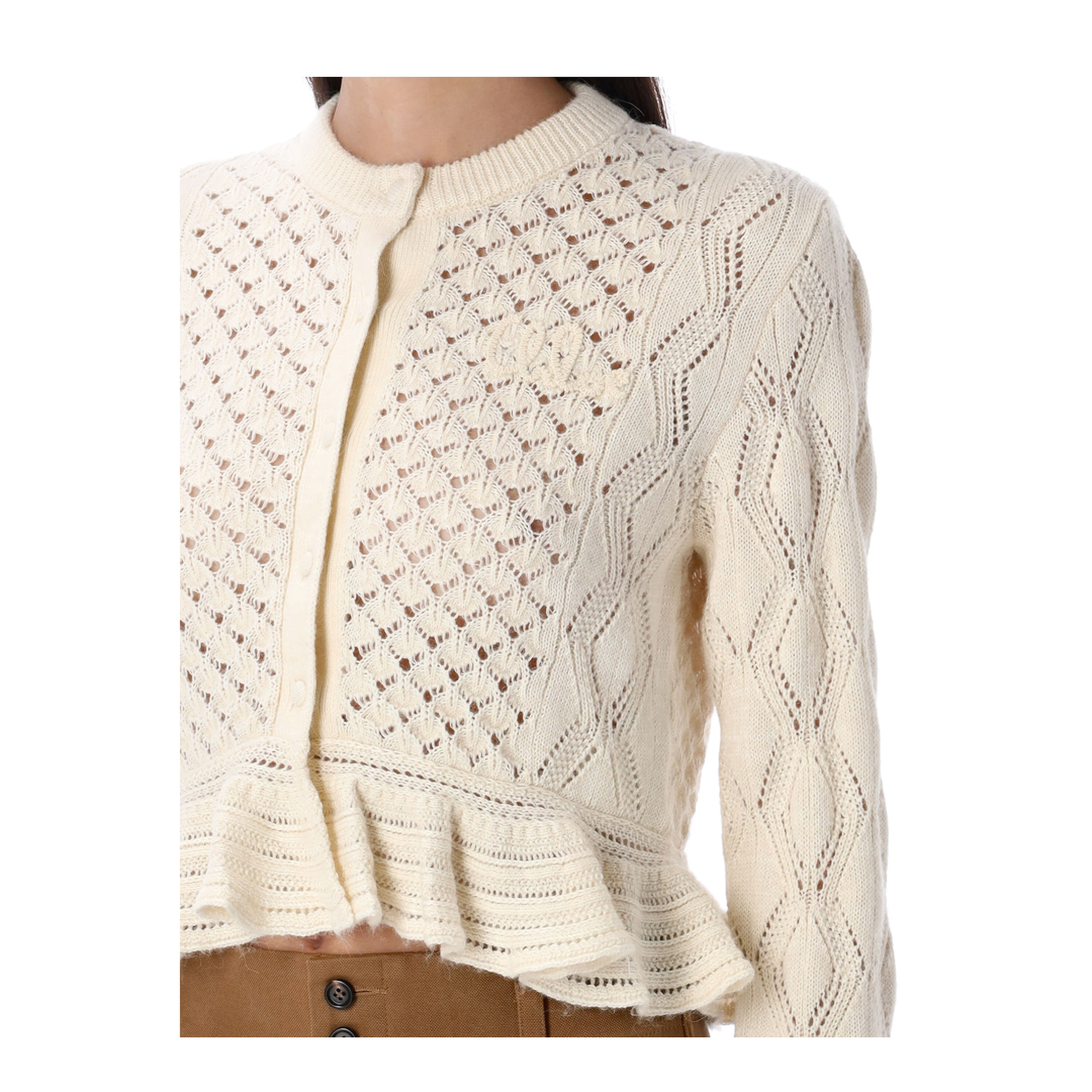Ruffled Logo Cardigan in Silk, Alpaca & Cotton Knit