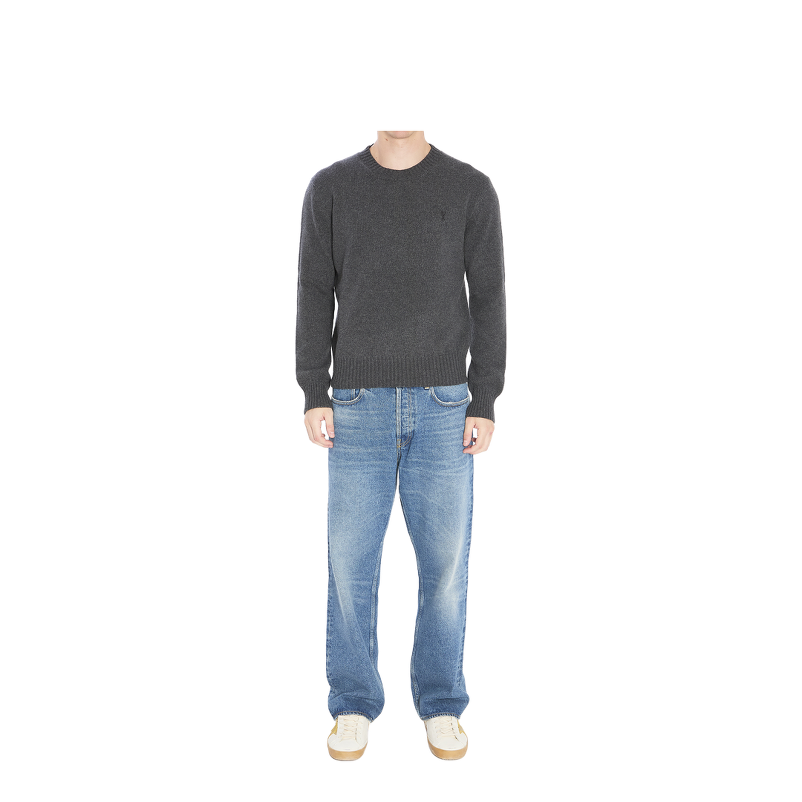 Grey Crew-Neck Sweater with Ribbed Trims