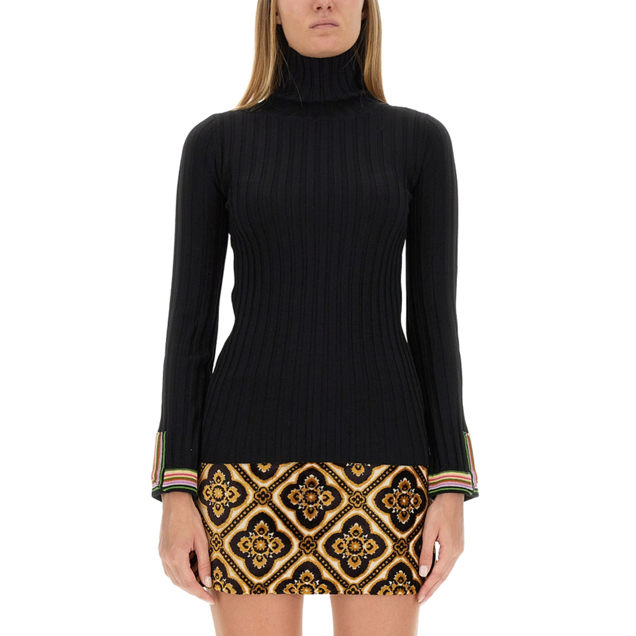 Stripe Cuffs Turtleneck Pullover