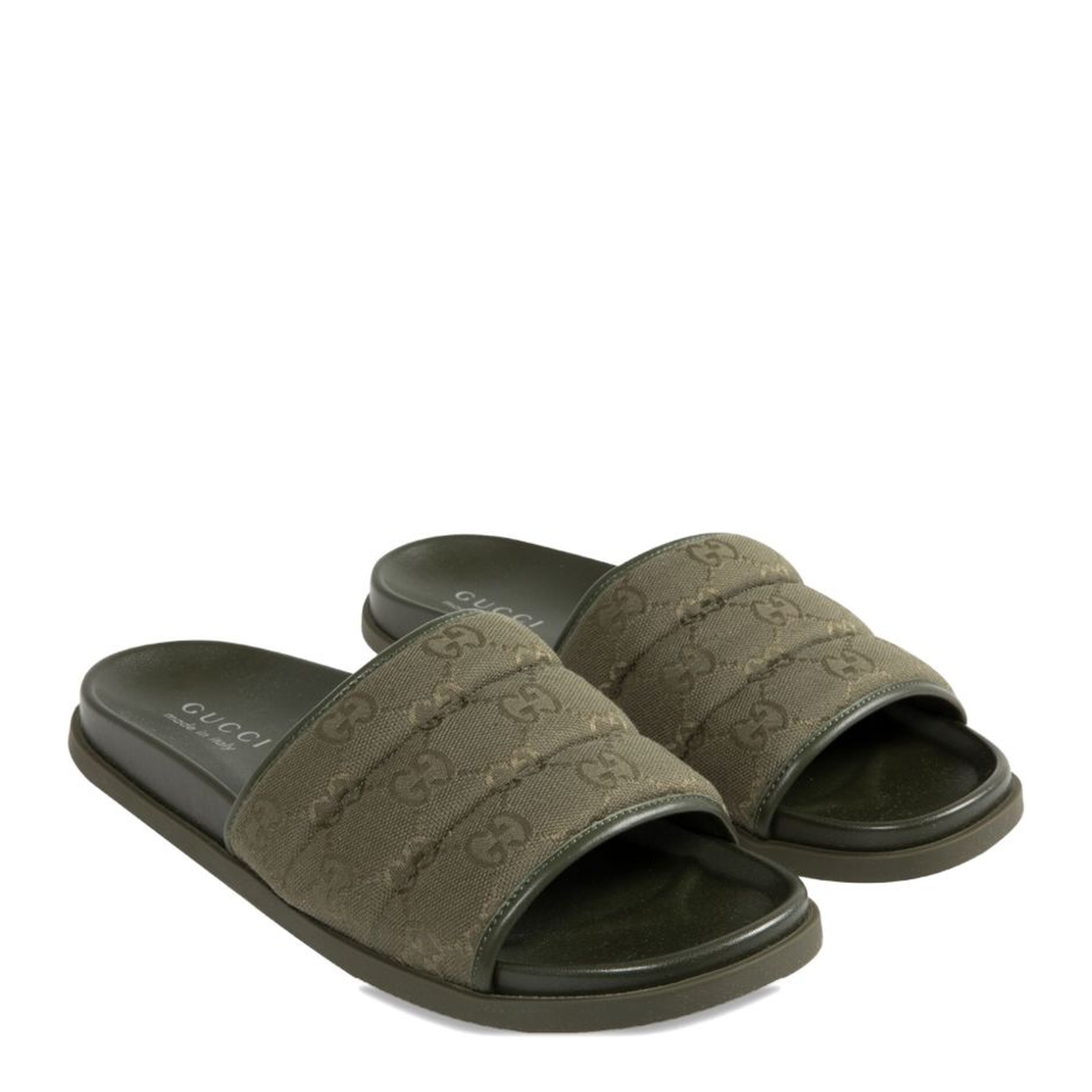 Olive Green GG Monogram Canvas Quilted Finish Open Toe Flat Sole Slip-On Style