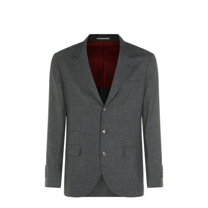 Slubbed Buttons Wool Blazer - Grey
