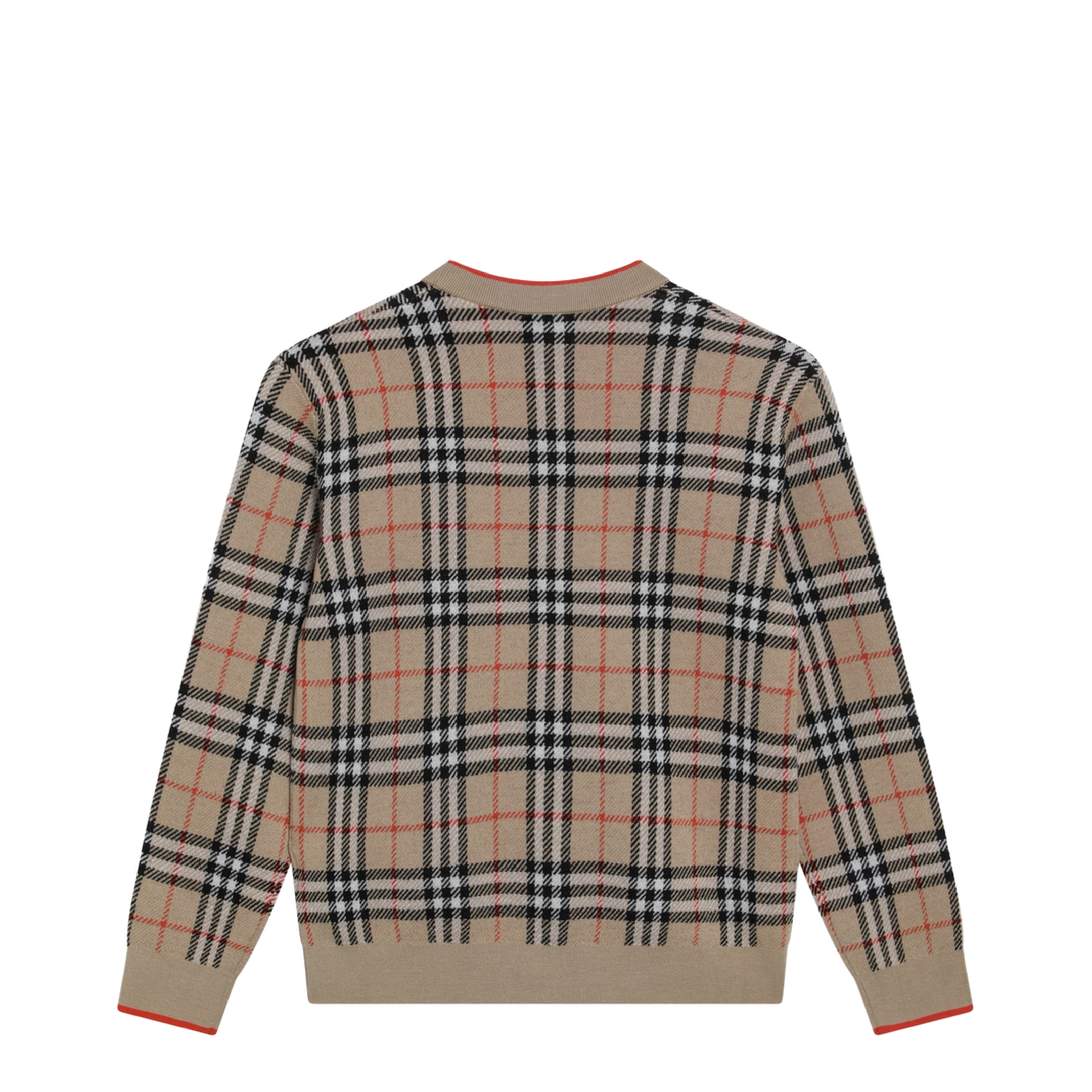 Beige Wool Cardigan with Check Motif