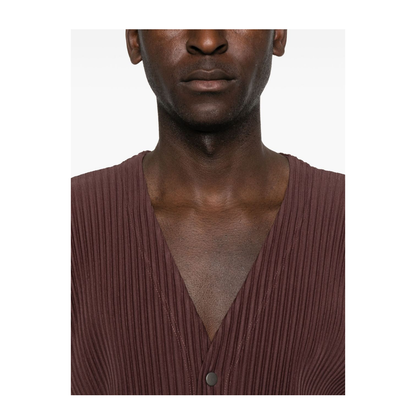 Brown Pleated Texture V-Neck Long Sleeves Button Fastening