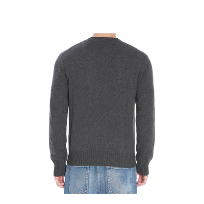 Grey Crew-Neck Sweater with Ribbed Trims