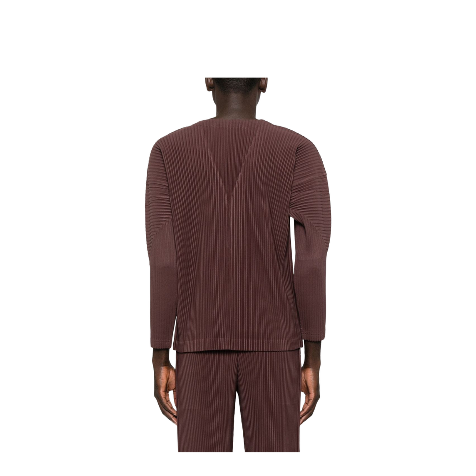 Brown Pleated Texture V-Neck Long Sleeves Button Fastening