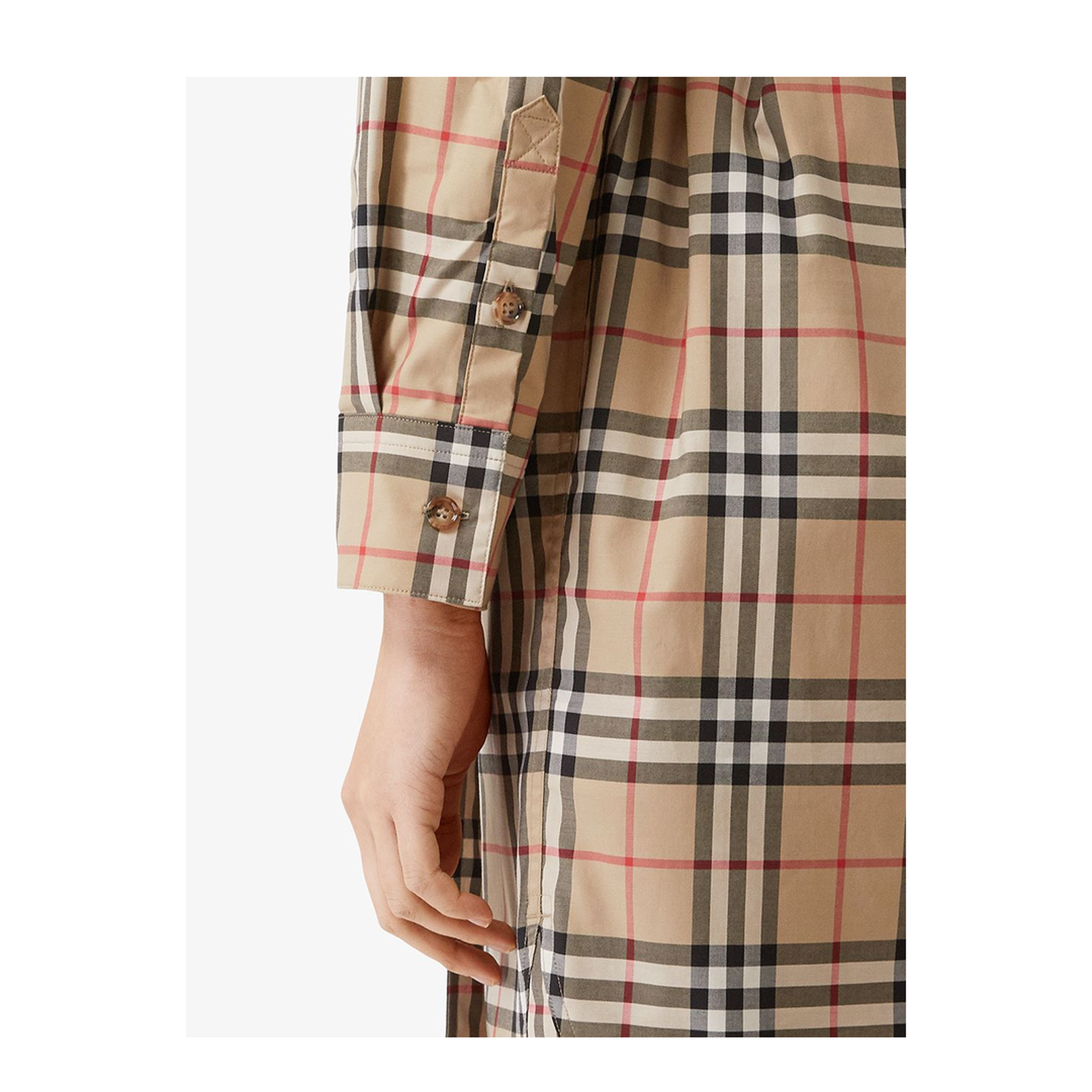 Beige Check Motif Cotton Shirt Dress
