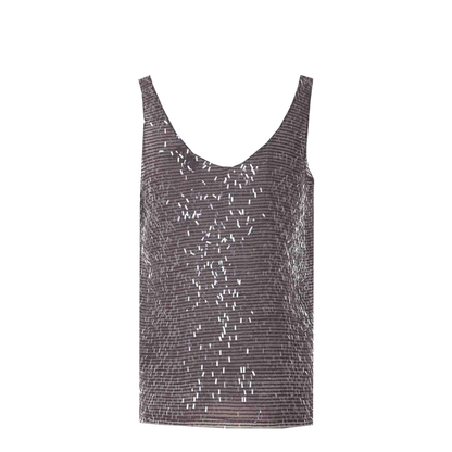 Brown Silk Sequin Top With Round Neck