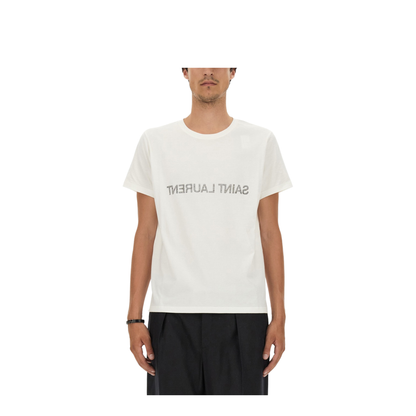 White T-Shirt with Black Logo Pattern