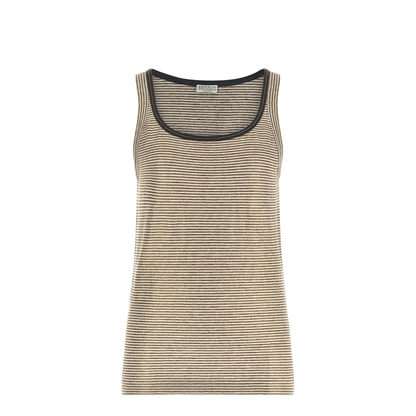 Linen Striped Crew Neck Top with Contrasting Trim and Necklace