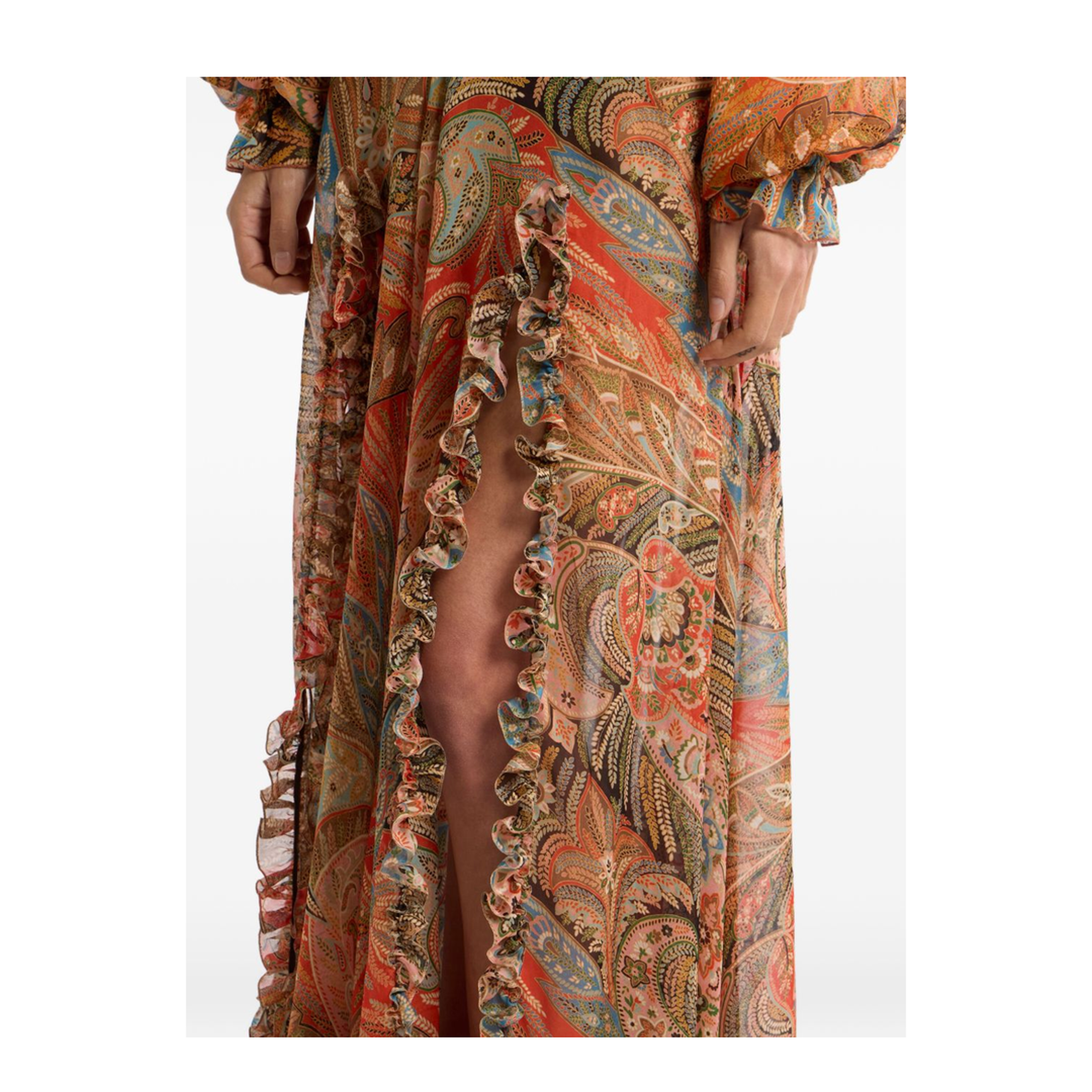 Silk Maxi Skirt with Flounce and Paisley Motif