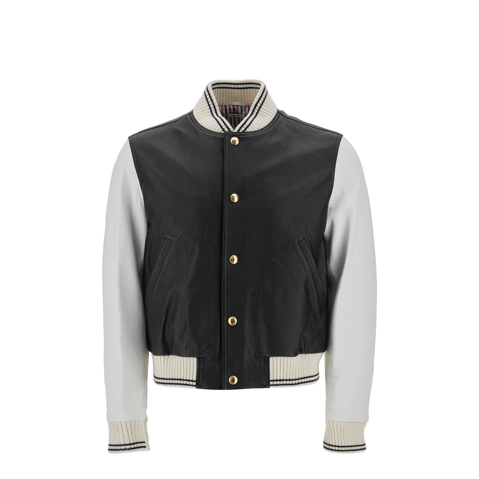 Thom Browne leather varsity bomber jacket