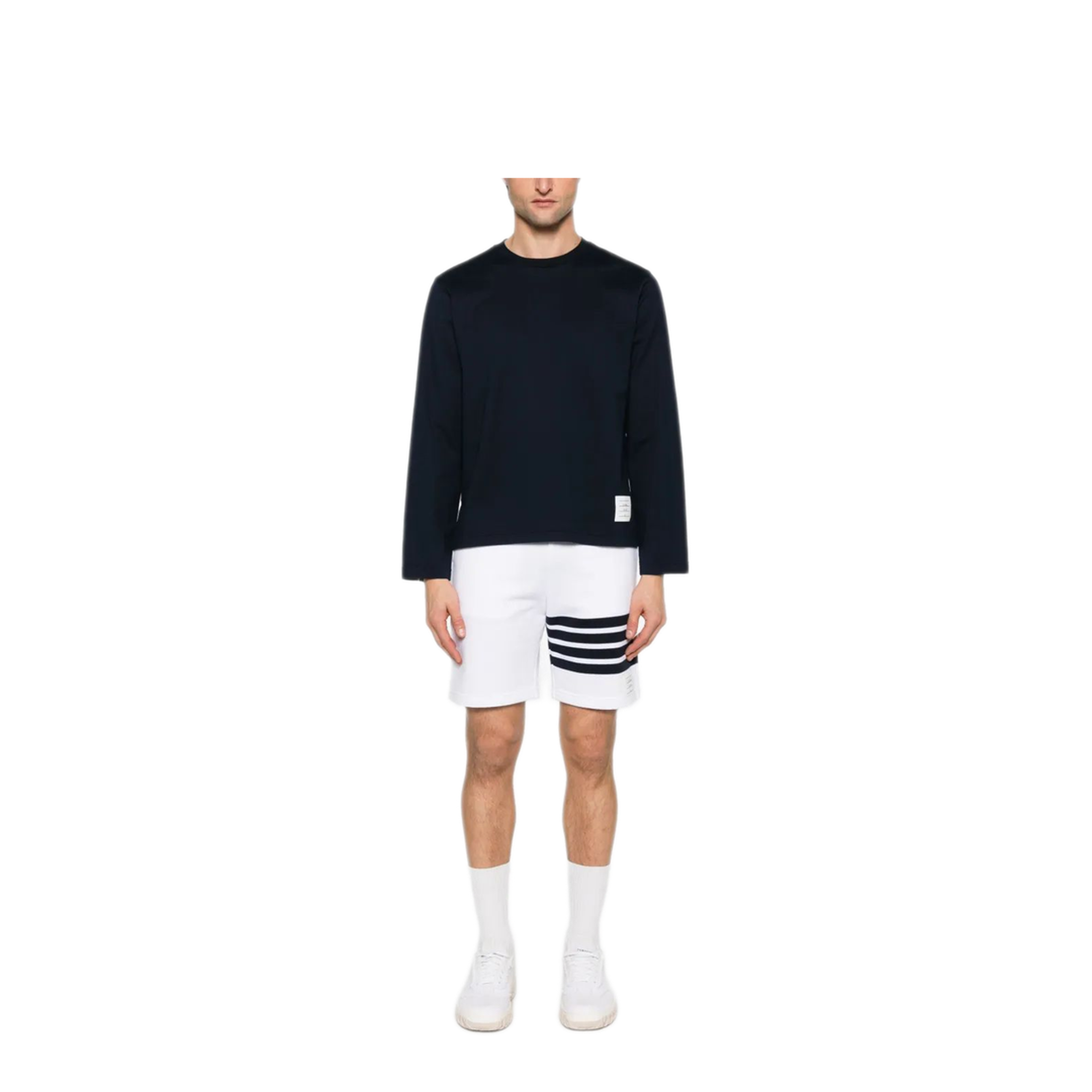 MAYFEYR - Thom Browne - Oversized Long Sleeve Tee With Rwb Knit Trim In Medium Weight Jersey - MJS289A00042415