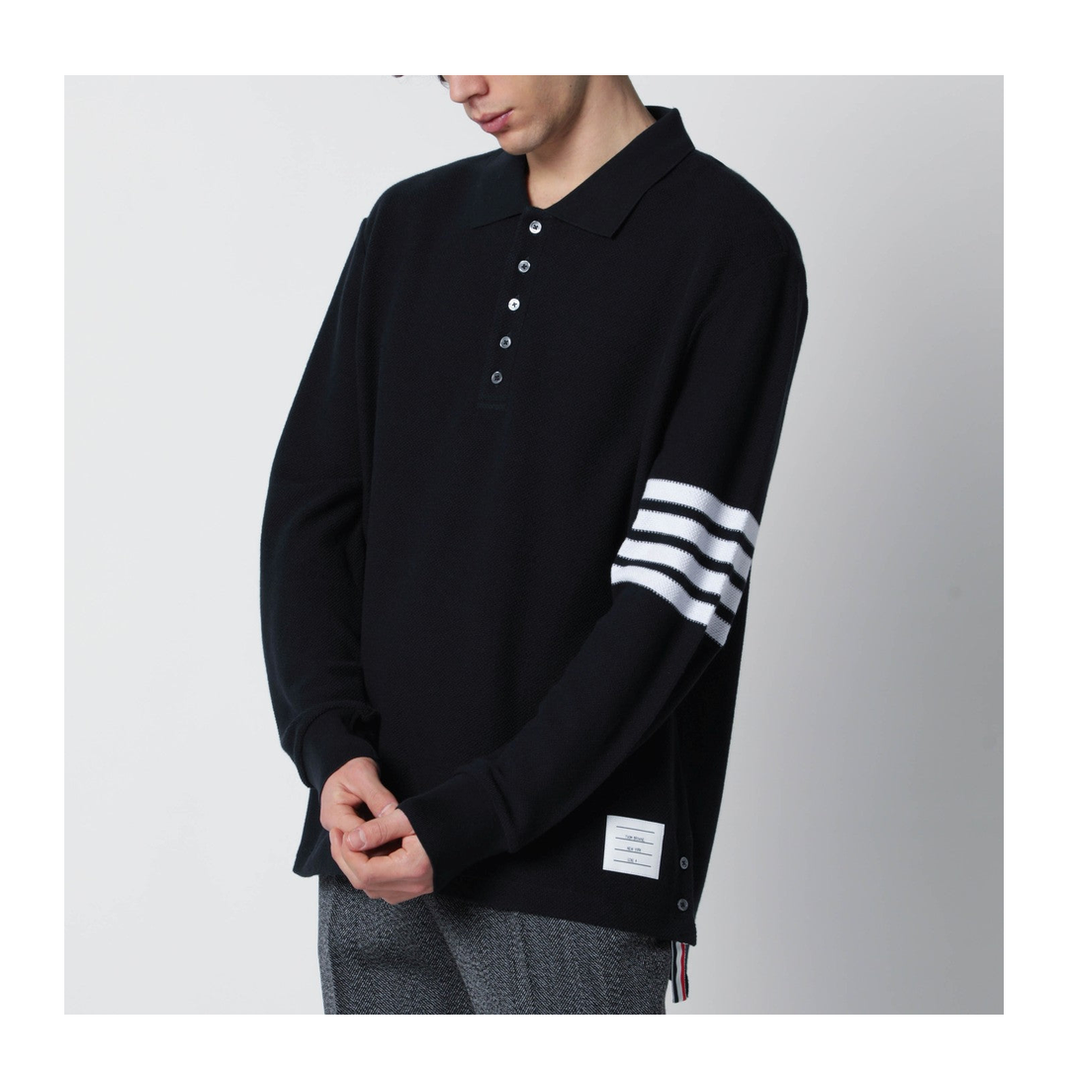 Long Sleeve Polo in Textured Pique w/ Eng 4 Bar