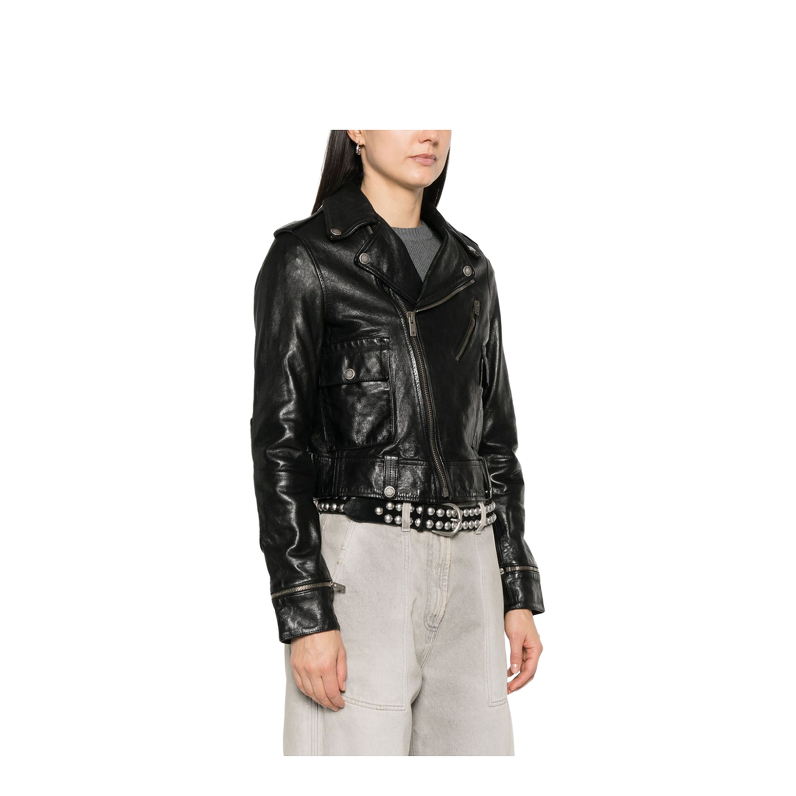 Shiny Black Sheepskin Biker Jacket