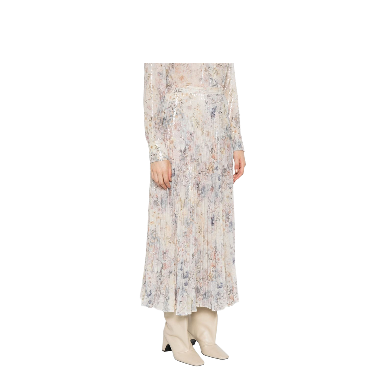 White Sequin-Embellished Pleated Skirt