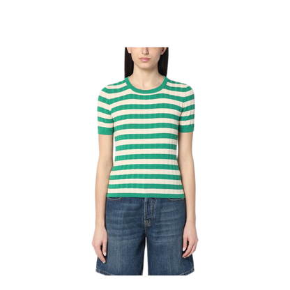 MAYFEYR - Roberto Collina - Green Ivory Striped Sweater In Cotton - B09021B0924