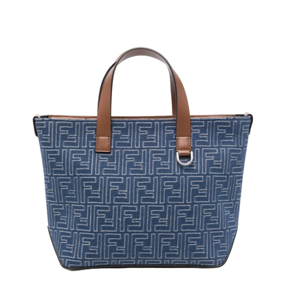 FF Leather Denim Effect FF Jacquard Blue And Brown Small Shopping Bag