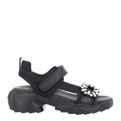 On The Run Black Leather And Textile Sandals