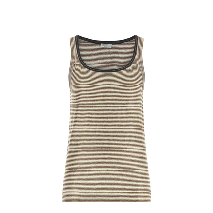 Linen Striped Crew Neck Top with Contrasting Trim and Necklace