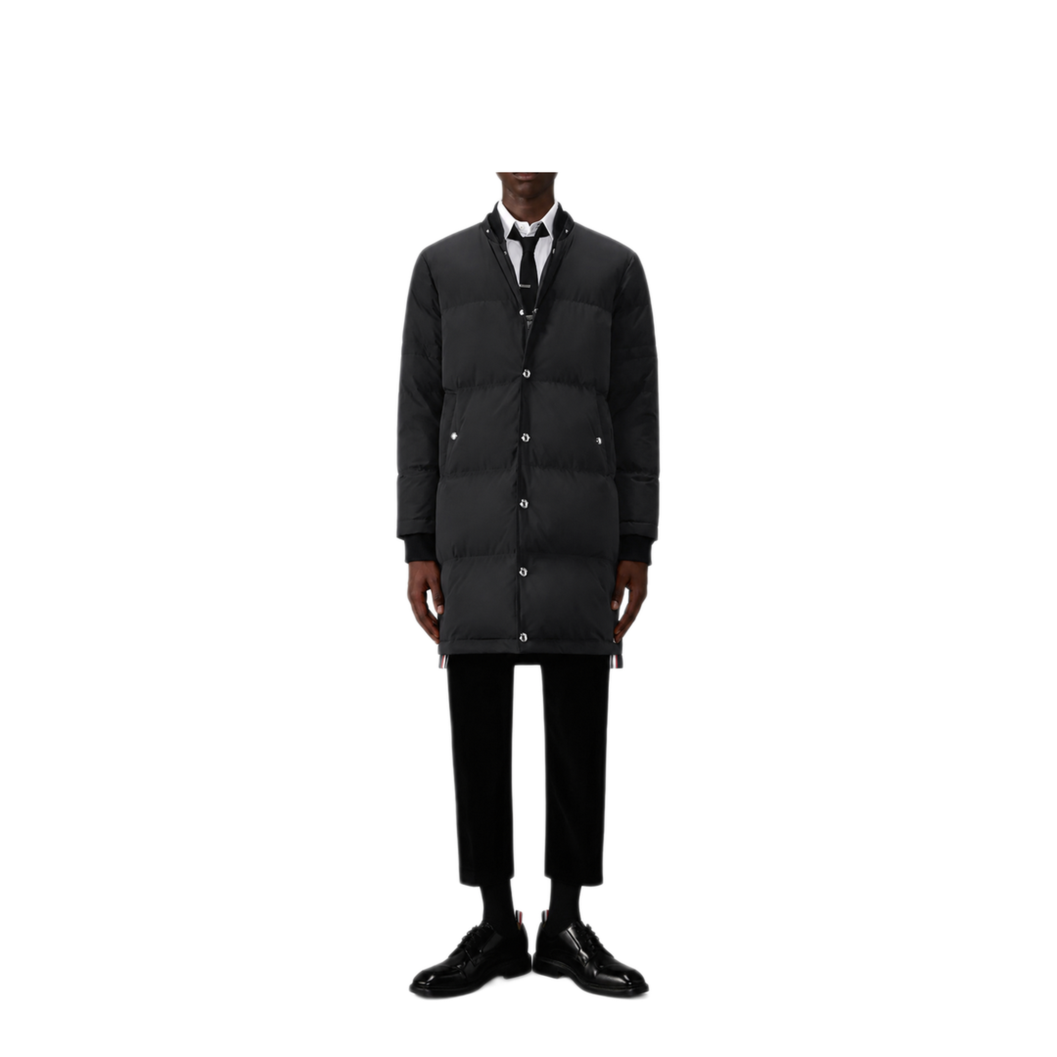 MAYFEYR - Thom Browne - Downfilled Snap Front Detachable Hood Coat W/ Self Armband (42") In Poly Tech O.P. - MOD094YF1090001