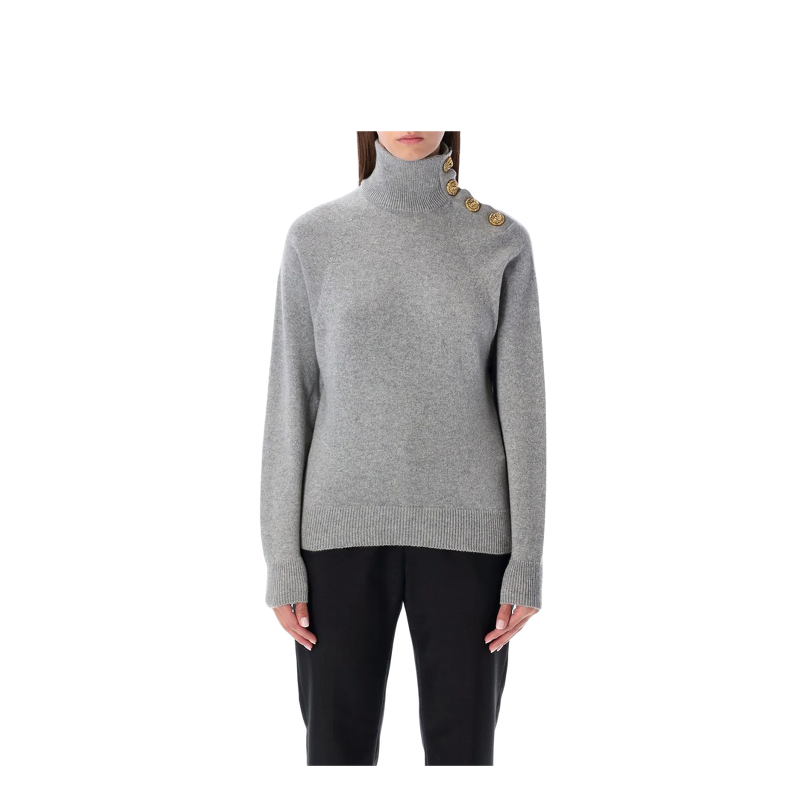 Grey High-Neck Wool Sweater With Gold Buttons