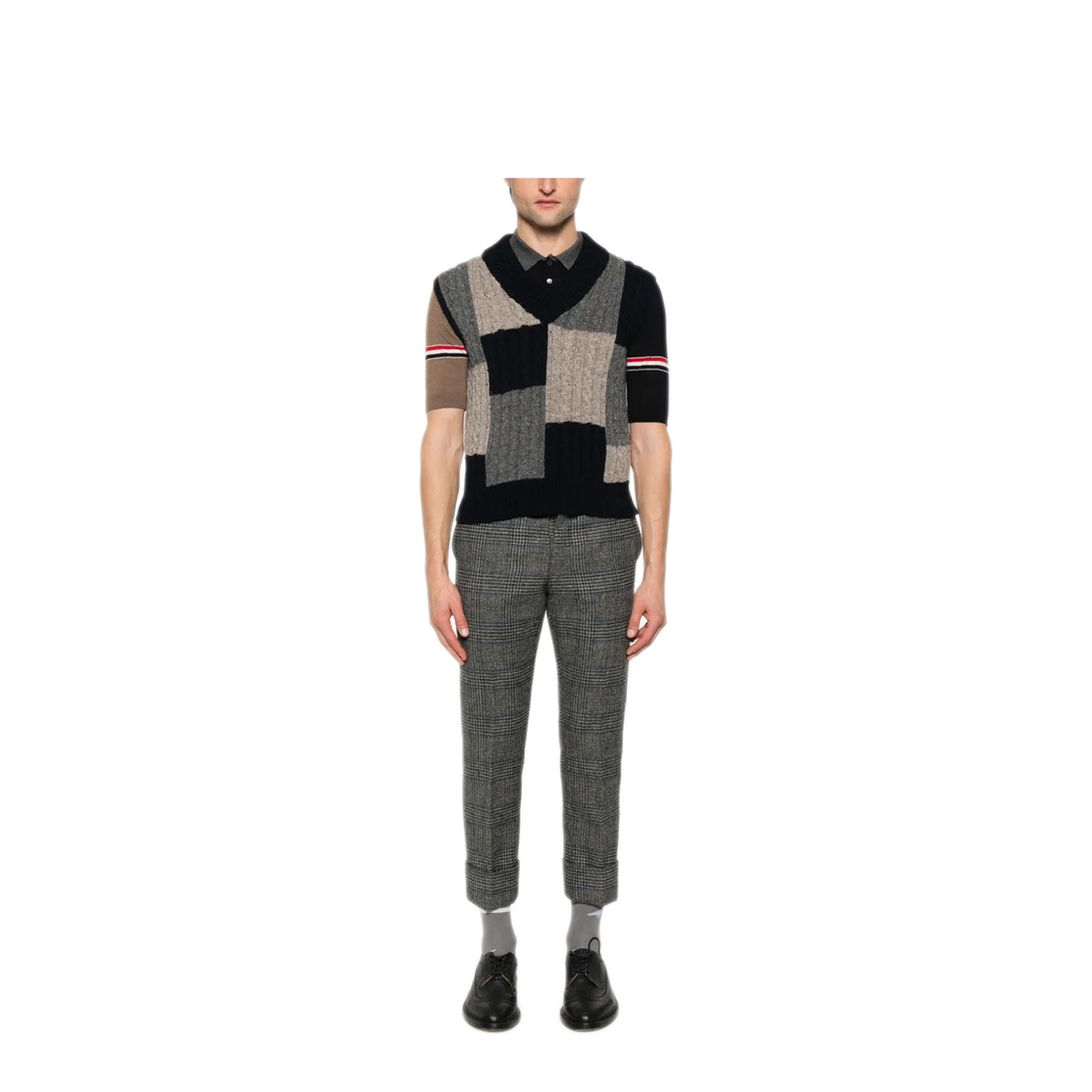 MAYFEYR - Thom Browne - Patchwork Baby Cable Intarsia V Neck Vest In Donegal - MKV092AY1032978