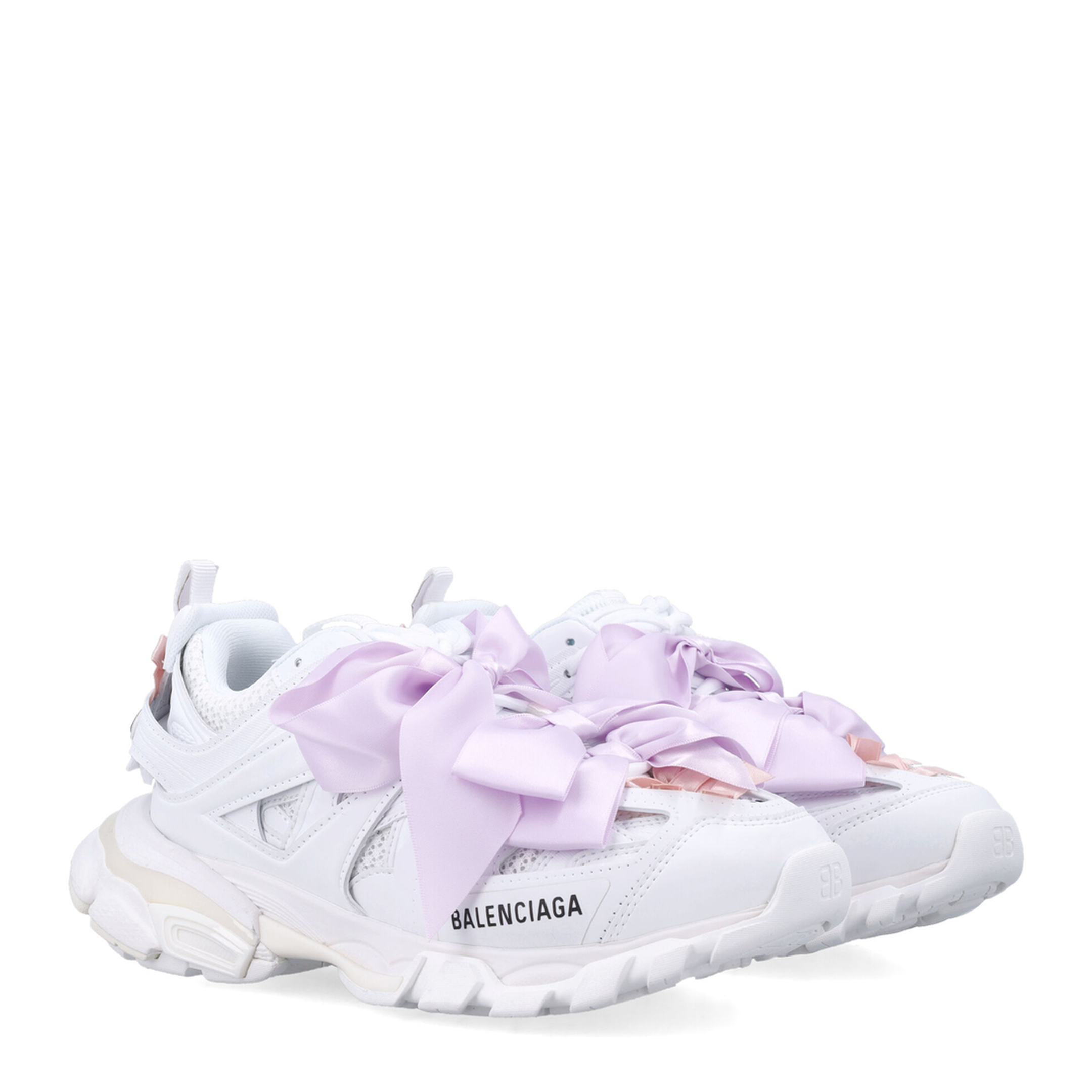 Track Bow Sneakers in Mixed Materials, White and Pink