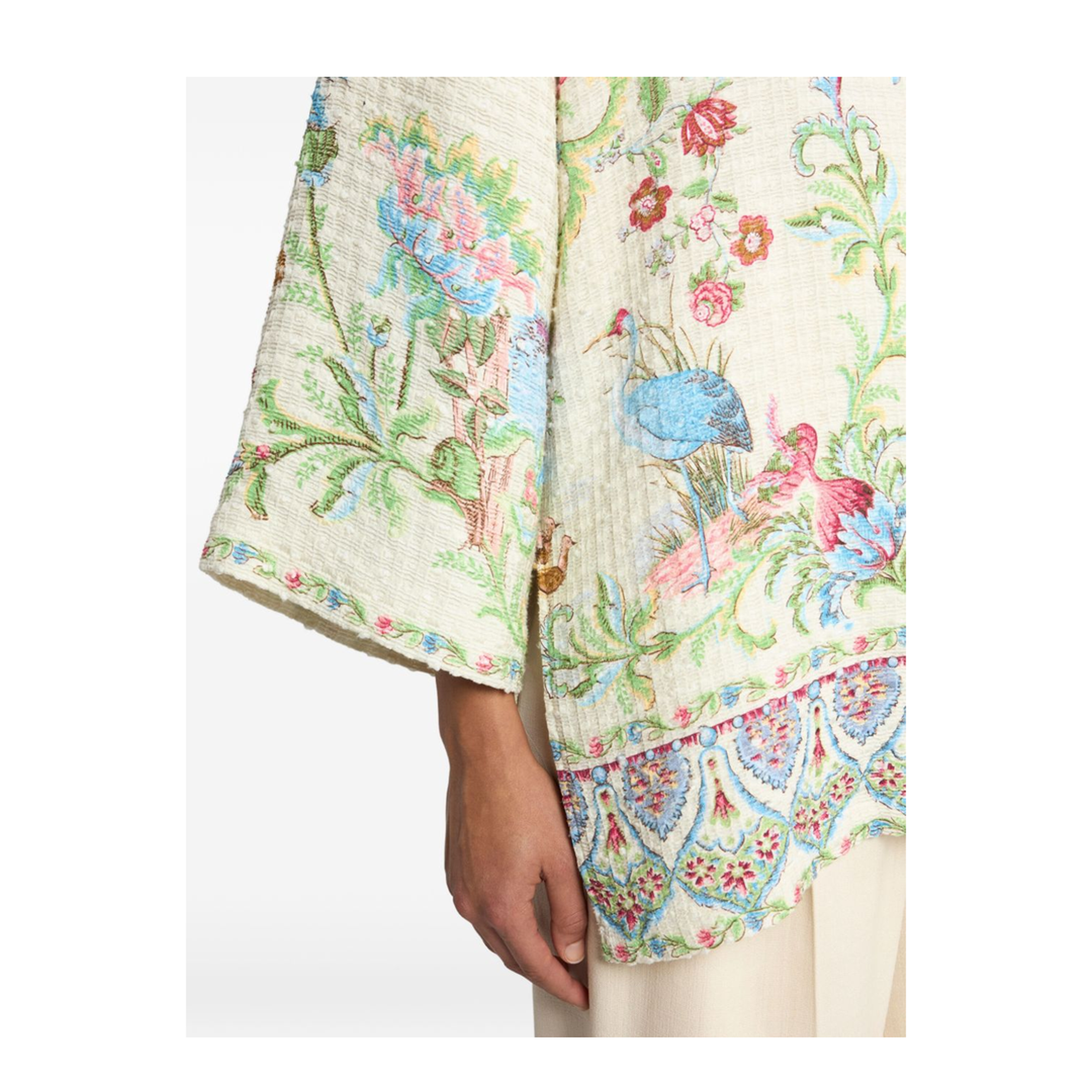 Cotton-Blend Basketweave Kesa with Flora and Fauna Motif